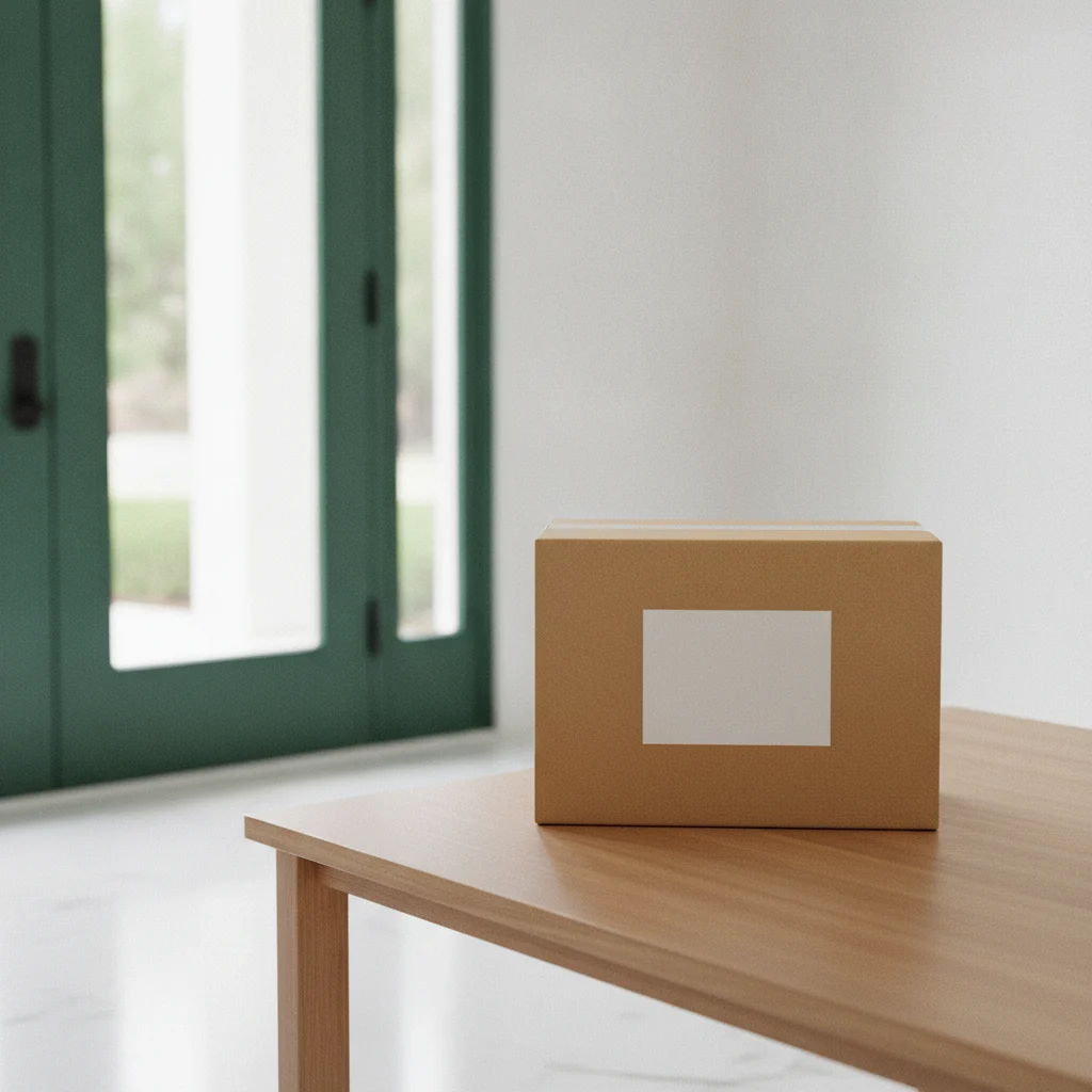 A neat plain kraft parcel on a table near a bright entryway door