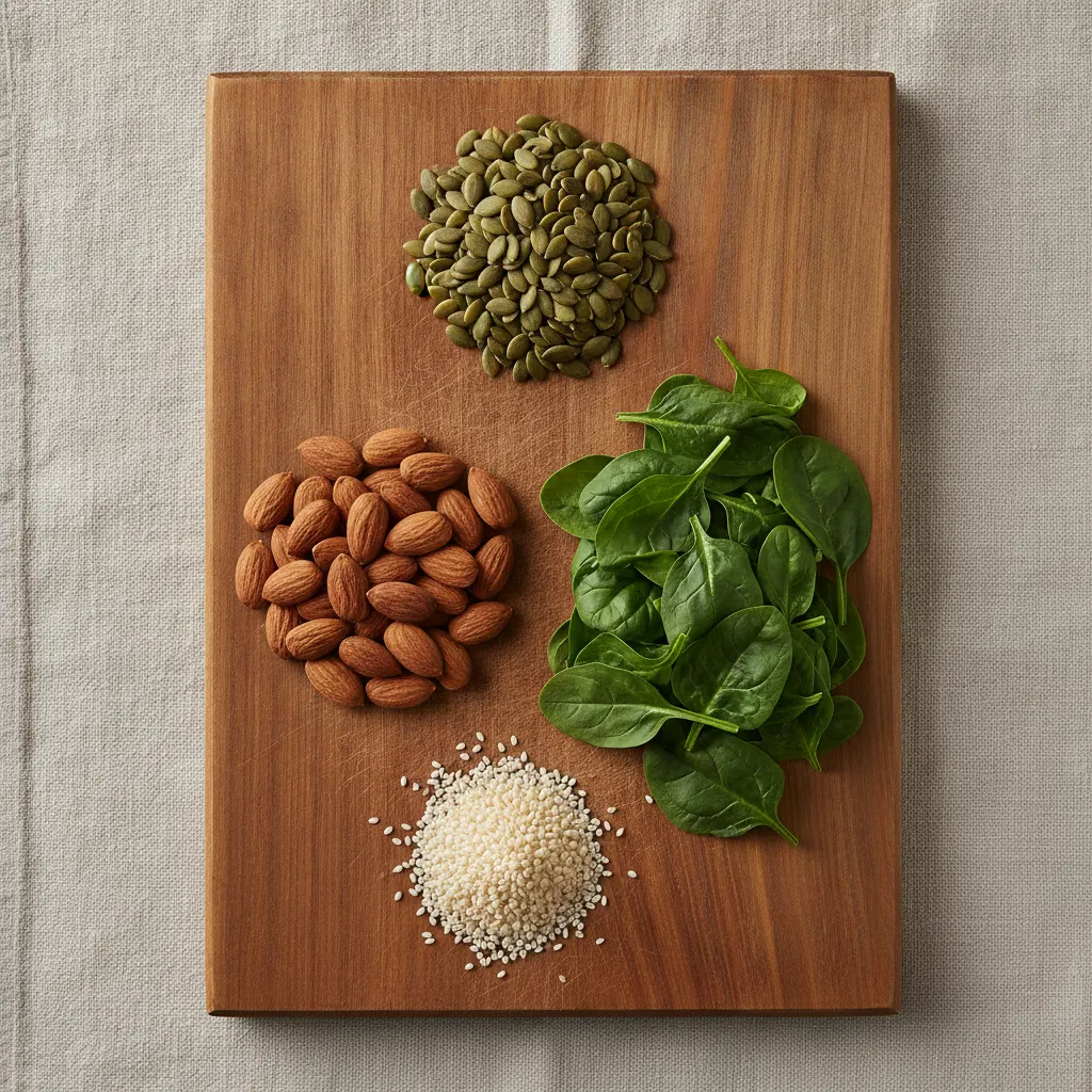 Almonds, pumpkin seeds and dark leafy greens on a wooden board - sources of Magnesium